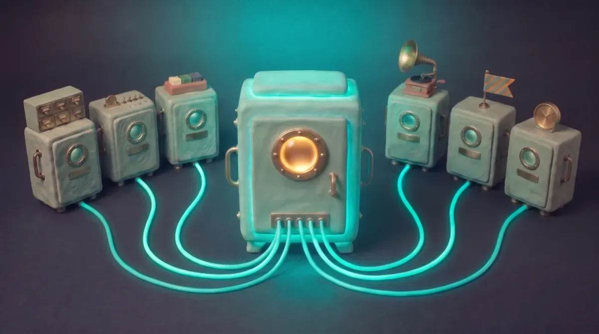 Six ordinary clay machines standing in an arc, each joined by a glowing teal cable to a larger machine in the middle whose porthole is amber and which carries no nameplate at all