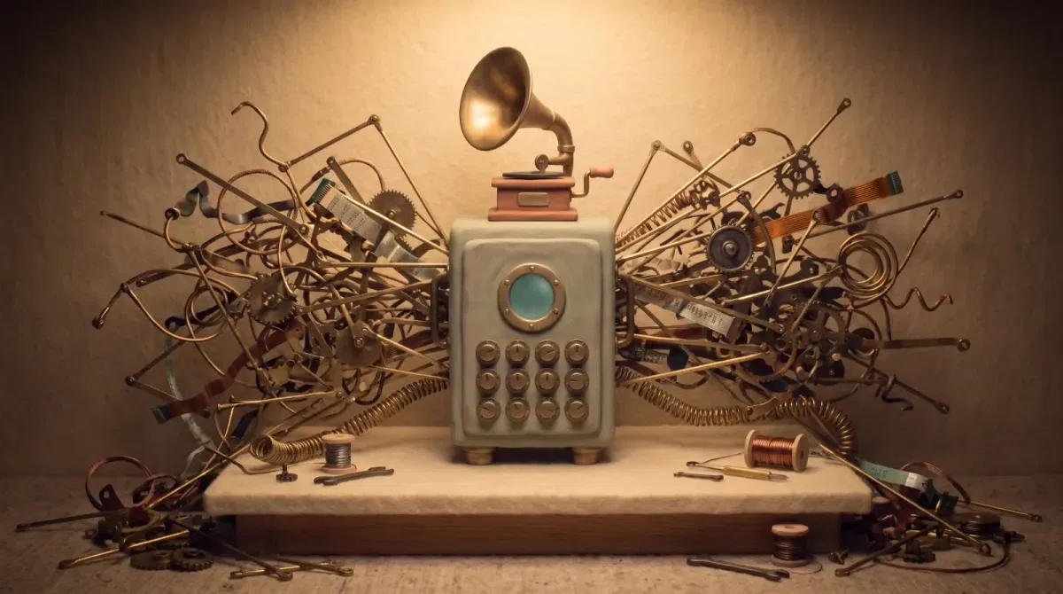 A clay machine with a neat grid of twelve brass dials on its face, and an impossible tangle of brass rods, gears and springs erupting from behind it and spilling off the bench onto the floor