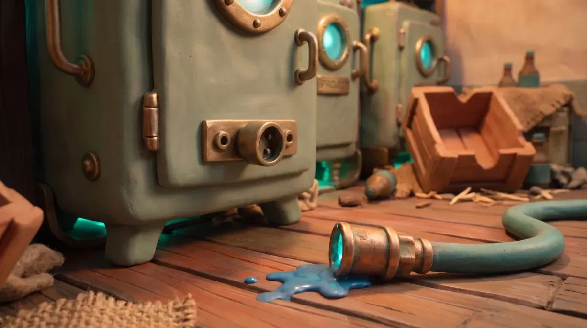 A heavy brass cable end lying unplugged on the floorboards of the shop's back room, close to the camera, teal fluid run out of it and pooled on the boards beside the socket it belongs in. Behind it a row of clay machines recedes into the room, their portholes still lit