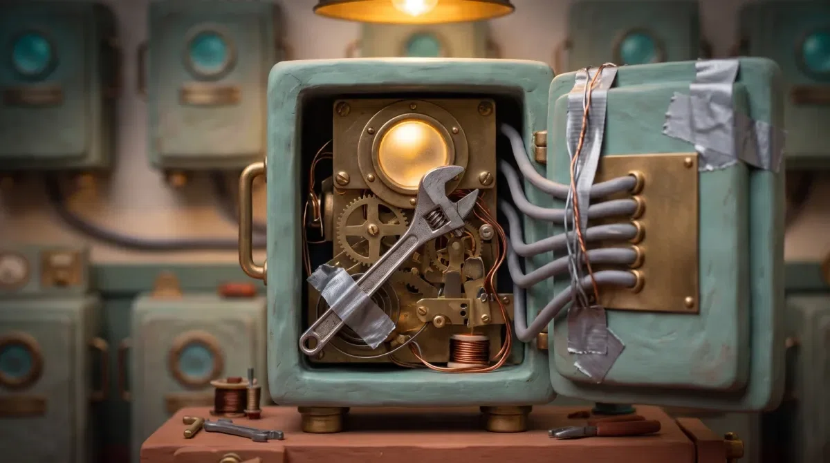 A clay machine standing open on a workbench with its whole inside on show: brass gears, a coil spring, copper wire and an amber light burning behind the works, still running with the panel off. An ordinary steel spanner is taped in among the gears and silver tape holds the open door, one person's undocumented fix. Behind it a rank of ordinary machines stands blurred, their portholes teal
