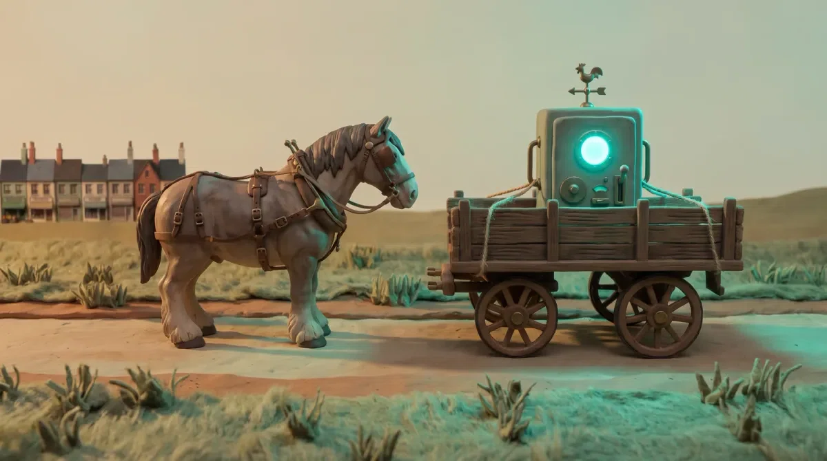 A clay draught horse in full harness stands on a road beside a cart carrying a machine whose porthole glows fiercely teal. Nothing connects the horse to the cart