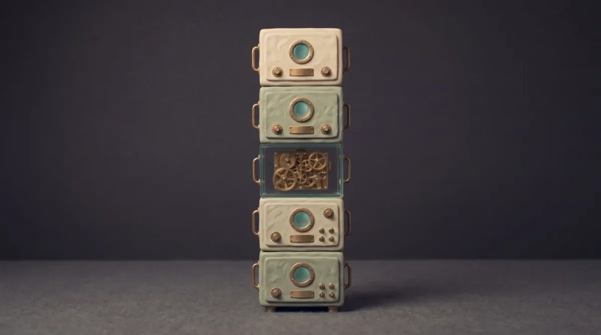 A column of clay machines stacked like rack units, running off the top and bottom of the frame, with the middle one made of clear glass so its brass gears show through while it carries the weight of the ones above