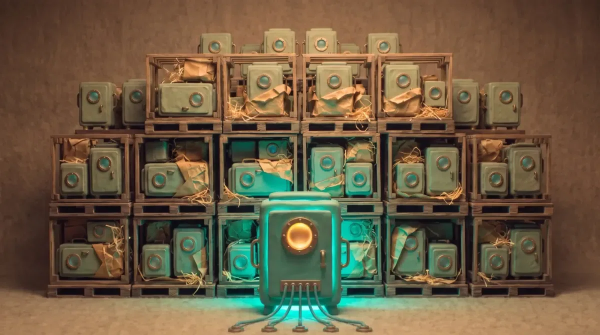 Dozens of identical clay machines stacked in wooden crates with packing straw, every one of them lit teal, and standing alone in front of them one machine that came in no crate, its porthole amber and its cables running into the floor