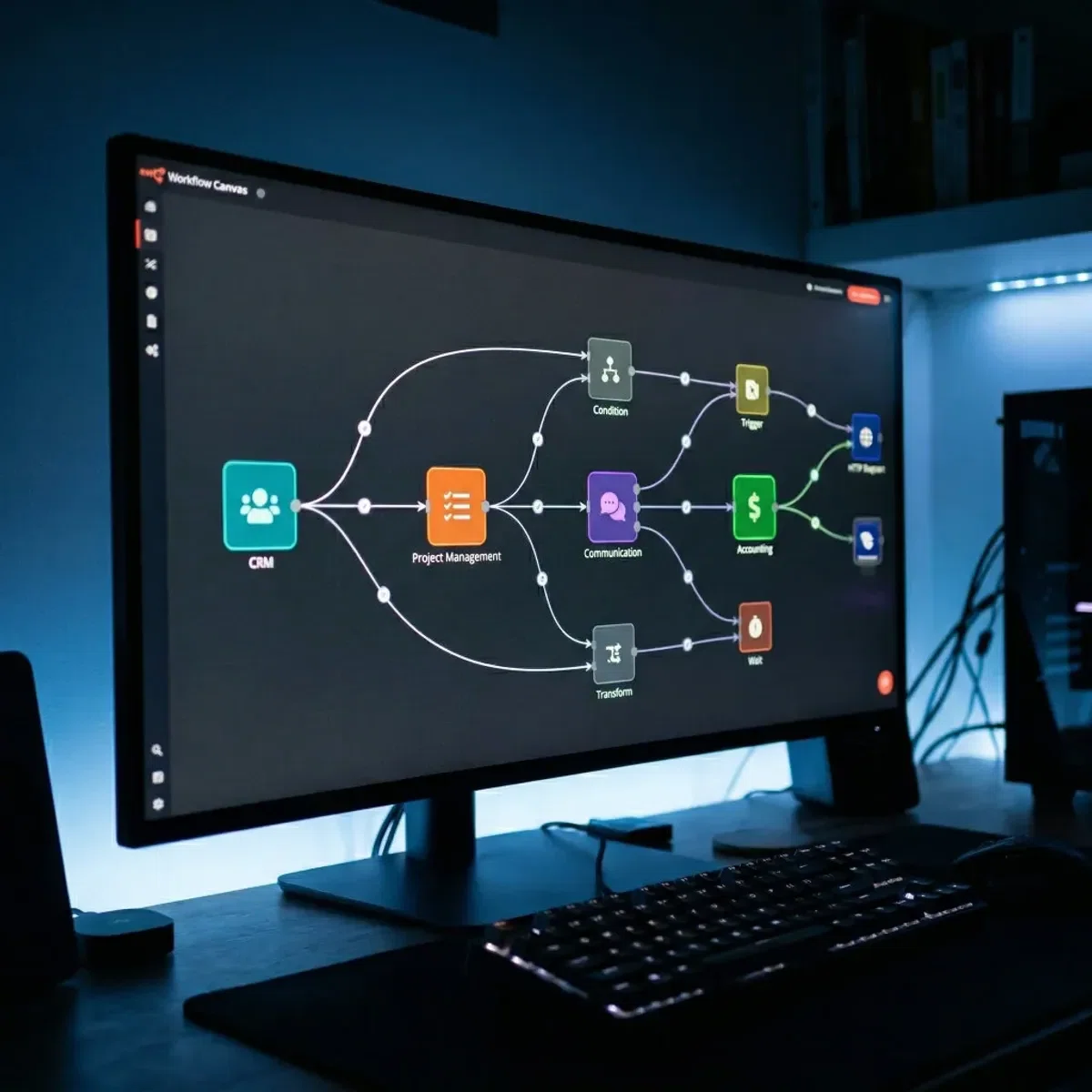 Automation workflow connecting CRM, project management, and accounting tools