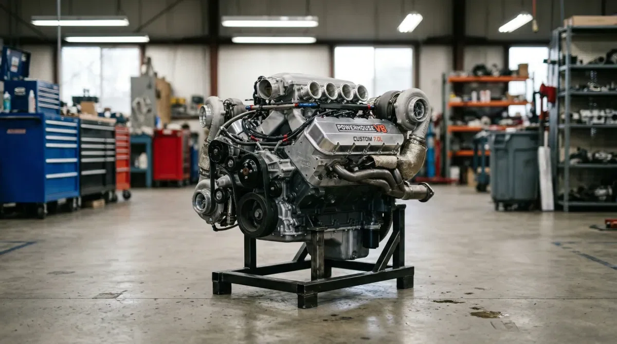 Engine on a workshop floor