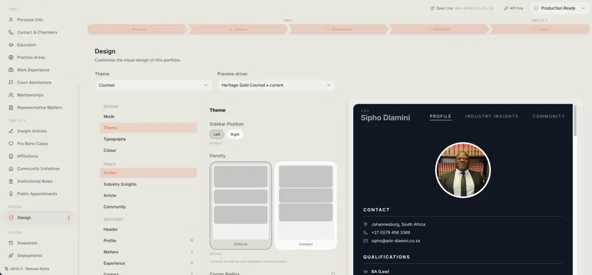 The Folio admin design panel: theme, typography and colour controls on the left, with a live preview of the portfolio beside them