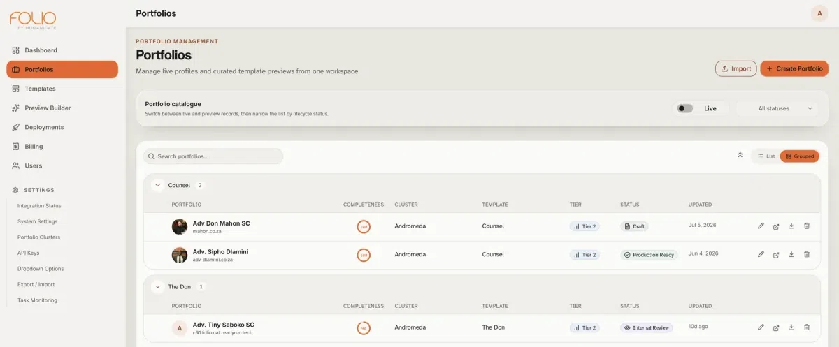 The Folio admin portfolio list, showing each portfolio with its cluster, template, tier and lifecycle status