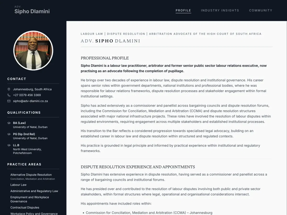 A Tier 2 portfolio: a sidebar of contact details, qualifications and practice areas beside a written professional profile
