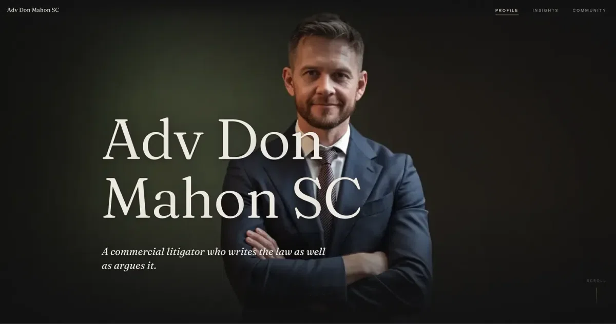 A second Tier 3 portfolio: a dark green ground, a different serif, and a portrait cropped and lit differently