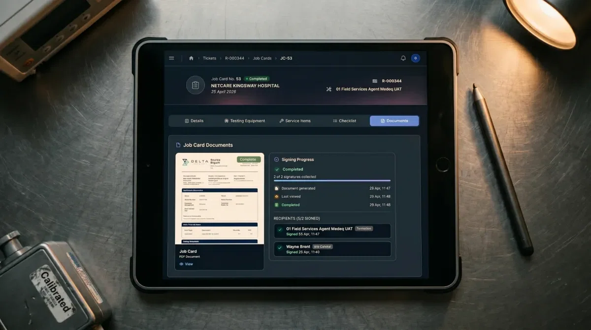 Top-down view of a tablet showing the Medeq signature capture screen with a completed checklist summary and a fresh customer signature