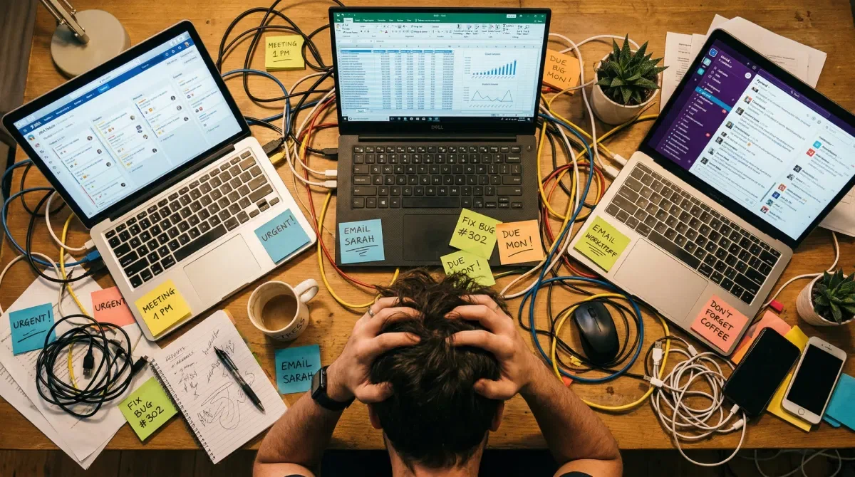 Overhead view of a busy desk