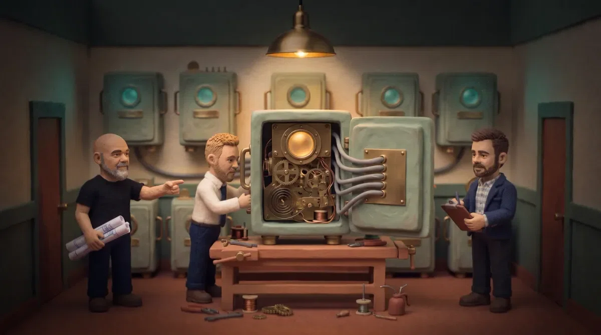 The ReadyRun workshop: four machines on the wall with teal portholes, and a fifth open on the bench showing brass clockwork and an amber light inside, with Wilfred, Daniel and Marnus working on it