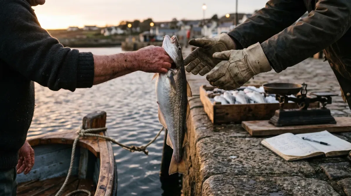 An angler handing a single large fish to a dockside operator beside a crate, scale, and ledger