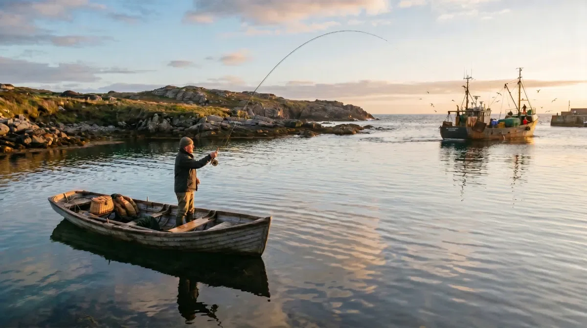 A wooden skiff with a single angler and a commercial trawler on the same coast at first light